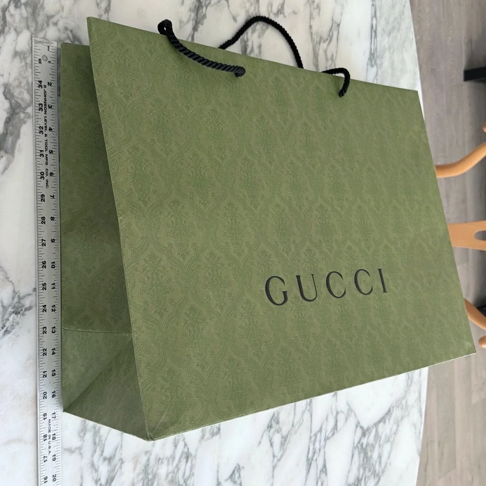 Gucci Large Green Embossed Damask Paper Shopping Bag Rope Handles 22